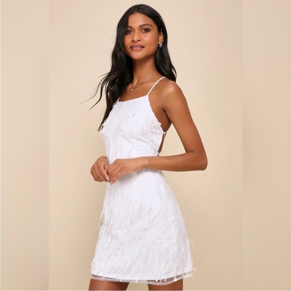 NWT Lulus Making Magic White Fringe Lace-Up Mini Dress SOLD OUT